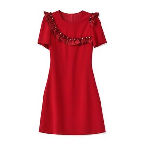 2023 Summer Red Solid Color Dress Short Sleeve Round Neck Kne-Length Casual Dresses W3L049702