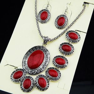 Colar Brincos Conjunto Retro Vintage Antigo Prata Tibetana Oval Vermelho Pedra Natural Pulseira Feminina Jóias A696