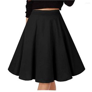 Skirts Cotton Black Flare Skirt A Line Hepburn Style Knee Length Bottom Pleated Skater Womens Midi Summer High Waist Women