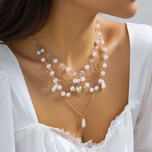 French Vintage Imitation Pearls Clavicle Chain Necklace Crystal Beads Y2K Necklace Women Collar Jewelry