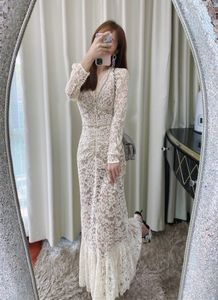 Auth S-elf Portrait Diamond Lace Dress Long Sleeve Dress V-Neck Style Slim Long Dresss