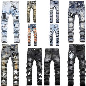 Designer Mens Jeans High Street Hole Star Patch Men's Womens broderade panelbyxor sträcker Slim-Fit Size 29/30/31/32/33/34/36/38B5J7