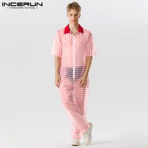 Men's Jeans Stylish Allmatch Men Jumpsuits Sexy Stripe Seethrough Mesh Rompers Casual Clubwear Loose Short Sleeved Bodysuit S5XL 230628