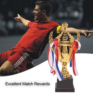 Decorative Objects Figurines Large Gold Trophy Cup Custom Colorful Ribbon Award For Sports Tournaments Competitions Soccer Football League Match 230627