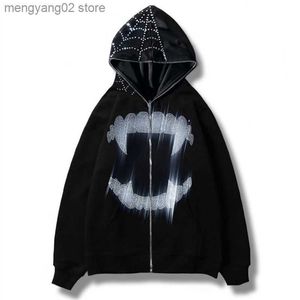 Bluzy męskie bluzy z bluzy z bluzy z bluzy z suwakiem Rhinestone Pająk Druk Ponostra Goth Hoodie Męskie harajuku punkowe bluzę blunge kurtkę Y2K Hip Hop kurtka T23628