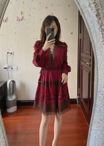 Auth S-elf Portrait Lace Panel Drawstring Waist Wrapped Lantern Sleeves Wine Red Slim Short Dress