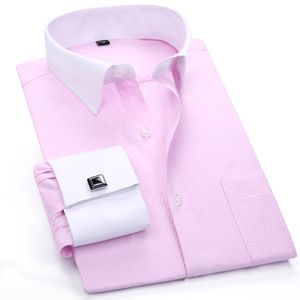 Мужские классические рубашки Мужская классическая рубашка с французскими манжетами однотонная розовая в деловом стиле весна-лето с длинным рукавом Добби 40% хлопок FS17 230628