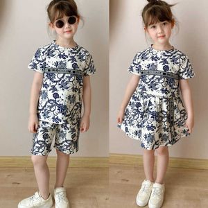 2023 Summer New Children's Wear Boys Girls Blue and White ceramika Chinoiserie z krótkim rękawem z nadrukiem bawełniany podwójny zestaw