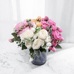 Dekoratif Çiçekler 30 cm Ipek Şakayık Yapay Buket 5 Büyük Baş Ve Ev Partisi Düğün Dekorasyon Için 4 Tomurcuk Sahte Gül