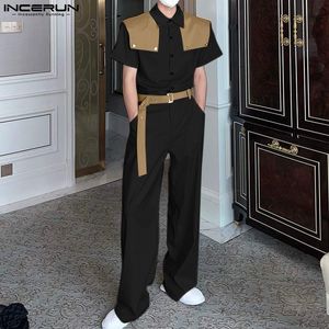 Men's Jeans INCERUN 2023 Korean Style Shawl Layered Jumpsuits Casual Streetwear Patchwork Straight Tube Long Sleeved Rompers S5XL 230628