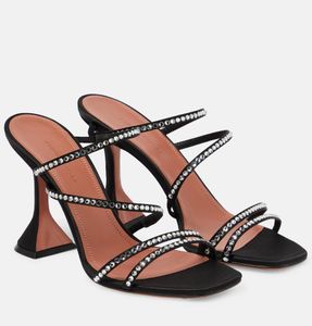 Amina Muaddi Naima Sandals Shoes Women Crystals embellished Strappy Satin Martini Heel Party Dress Wedding Lady Sandalias EU35-42,With Box