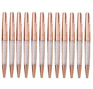 Pennor 10st/Lot Rose Gold Pen Bling Diamond Pens Fine Black Ink Crystal Ball Point Pen Ring Wedding Office Metal Roller Ball PENT