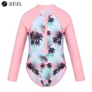 Swim Wear Kids Girls Tropical AF Printed Front Zipper Swimsuit Baddräkt One Piece Long Seves Rash Guard With Sun Protection HKD230628