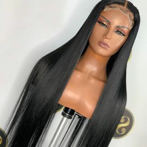 Naturlig ser lång 180 densitet remy rak spets fram peruk för mode kvinnor svart färg med babyhair förplucked glueless