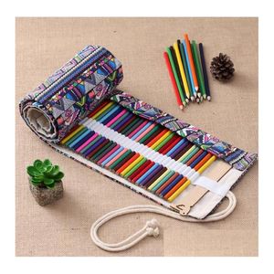 Pencil Bags Retro Roll Up Canvas Makeup Holder - Sketch School Office Supplies Organizer With Snap Closure Drop Delivery Business In Dhn8I