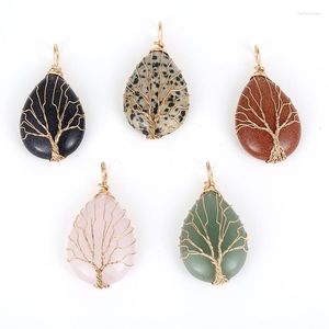 Ожерелья с подвесками Teardrop Rose Pink Quartz Crystal Wire Wrap Handmade Tree Of Life Drop Shape Natural Pendants