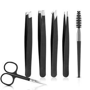 Eyebrow Tweezers 6 Pcs Set with Curved Scissors Eyelash Brush Beard Eye Brow Hair Removal Plucker for Face Hairs Puller Clips 230627