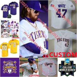 2023 MCWS National Champs LSU Tigers Baseball Jersey Brady Neal Jared Jones Gavin Dugas Jordon Thompson Paxton Kling Ty Floyd Custom Sched Męs LSU Tigers Jerseys