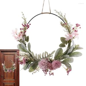 Decorative Flowers Pink Flower Wreath Purple Orchid Chrysanthemum Dandelion Gypsophila Hoop 41cm/16inch Round Door Hanger For Spring