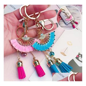 Keychains Lanyards Fashion Crystal Diamond Phone Tassel Pink och Blue Fan Pendant Totalt längd Cirka 16 cm droppleveransstillbehör Dhzbu