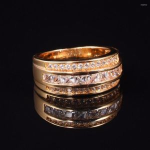 Cluster Rings Men's Deluxe Banhado a Ouro Amarelo 10K Simulado Diamante Garnet Cristal Banda de Pedra Anel de Casamento Para Homens Mulheres Tamanho Jóias