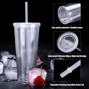 マグカップTCJJストローカップ付き二重層再利用可能な飲酒プラスチックタンブラー透明ティーフルーツコーヒーDIYウォーターボトル230627