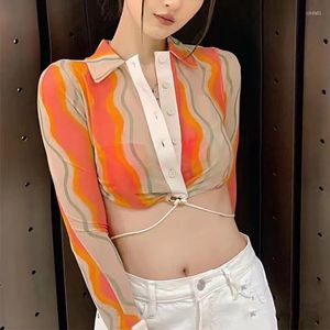 Women's Blouses Designer Summer Collection Long Sleeve Turn Down Collar Striped Contrast Color Drawstring Mesh Transparent Slim Shirt