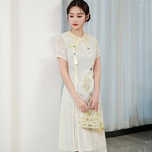 Roupas étnicas de verão mangas curtas linha A bordado aplique chiffon cheongsam gola de boneca melhorar aodai qipao vestido retrô feminino chinês