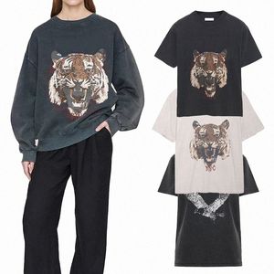 女性フーディーシャツデザイナー半袖Tshirt動物プリントTシャツ刺繍パーカーコットンセータープルオーバートップクレスネック