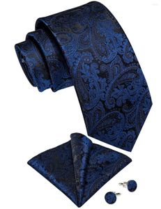 Bow Ties DiBanGu Navy Blue Paisley Silk Tie Set For Men Wedding Party Accessories Handkerchief Cufflinks Gift Drop Wholesale