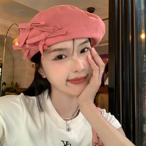 Sevimli Y2K Yay Bere Şapkalar Kadınlar için İlkbahar ve Yaz Kore Versiyonu Çok Yönlü Ressam Kapaklar Japon Büyük Kafa Retro Bereliler Gelgit