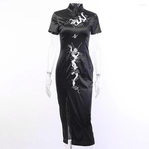 Ethnic Clothing Women Retro Cheongsam Chinese Style Embroid Bodycon Dress Short Sleeve Gothic High Waist Slit Sexy Lady Tight