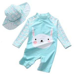 Twopieces Kids UV UPF50 Cartoon Shark Swimsuit Boys Girls Pink Flamingo Rabbit Badkläder med hattbad surfing kostymer för liten flicka 2t 230628