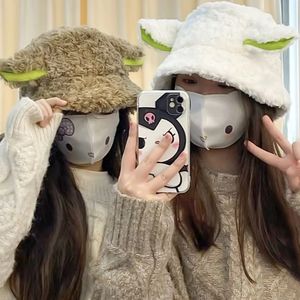New Fashion Plush Sweet Sheep Ear Lamb Bucket Hat Female Winter Students Warm Ear Protection Couple Fisherman Hat Basin Hats