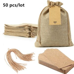 Gift Wrap 50 Pcs Wedding Small Jute Bags with Paper Tags Christmas Year Party Gift Thank You Drawstring Pouches Jewelry Package Sacks 230627