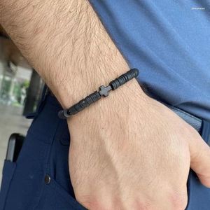 Strang Mode Kreuz Charm Männer Armband handgemachte 6mm schwarze runde Polymer Harz Ton Perle für Schmuck Geschenk