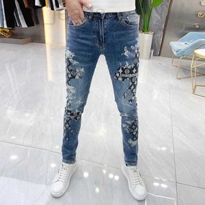 Men's Jeans designer Spring and Summer Thin Feet Slim Fit Fashion Brand Casual Pants Elastic Print Long QGLT