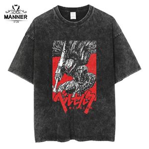 メンズTシャツアニメバーセルクヴィンガーマンガ酸洗浄Tシャツ100コットンティーヒップホップストリートウェア半袖トレンドグラフィックプリントトップ230627