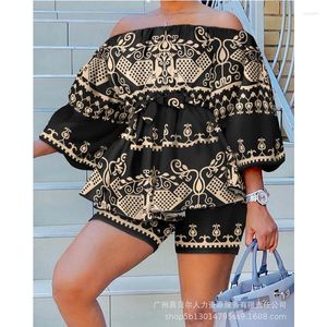 Roupas de faixa feminina feminino traje casual roupas de rua de rua terno de moda feminina impressão fora da camisa de ombro shorts top 2 pcs Conjunto