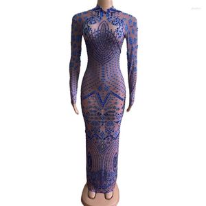 Stage Wear Women Sexy Glisten Blue Strass Abito lungo trasparente Prom Evening Birthday Celebrate Mesh Outfit Dancer Show