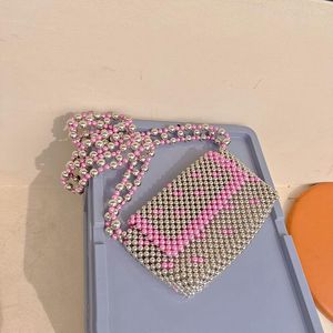 Bolsas de noite Bolsa tiracolo rosa flip dot feminina Cor contrastante Pequenas bolsas quadradas Arma de metal Tecido à mão com miçangas Mensageiro de pérola