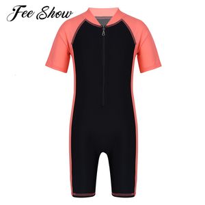 TwoPieces Kids BoysGirls Onepiece Suits Rash Guards Бразильский купальник с короткими рукавами на молнии Короткий гидрокостюм Купальники Пляжный купальный костюм 230628