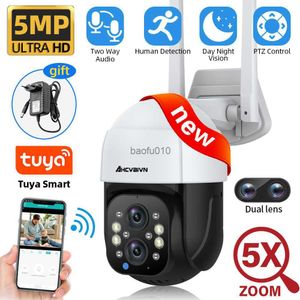Tuya Smart Home Detecção Humanóide 5MP Câmera IP WiFi Segurança CCTV Câmera Dual-Lens 5X Zoom IP66 Câmera de Vigilância Externa L230619