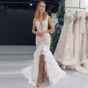 Nuovo arrivo High Low Sirena Abiti da sposa Scollo a V Increspature Treno Abito da sposa Glitter Cut-Out Robe De Mariee 326 326