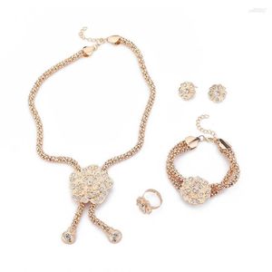 Necklace Earrings Set 1Set Rose Floral Crystal Rhinestone Bracelet Ring Jewelry Gifts For Wedding