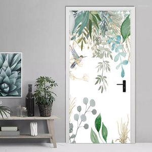壁紙PVC自己接着ドアステッカーモダン3Dトロピカル植物の葉の花と鳥の壁