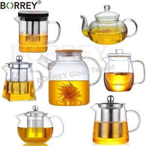 Vattenflaskor Borrey Drop Heat Resistant Glass Teapot Olika stilar för att sälja tesatser Clear Kettle Flower Puer Infuser Pot 230627