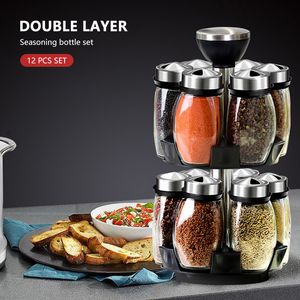 Kök Storage Organization 360 Roterande kryddan Glasflaska Pepper Sugar Salt Försluten container Säsongsbox med racktillbehör 230627