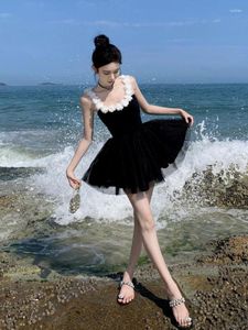 Abiti casual Donna Summer Backless Mesh Beach Ball Gown Dress Fashion Patchwork senza maniche Mini stile coreano Elegante slip nero