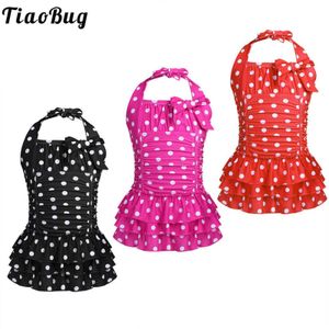 Swim Wear Tiaobug Kids Teens One-Piece Halter Swimsuit Polka prickar Ruched Tiered Swimwear Girls Beachwear Swimming Bodysuit Bathing Suit HKD230628